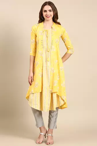 Showoff women's knee length mandarin collar yellow ethnic motifs anarkali kurta