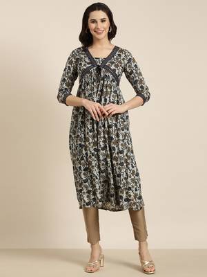 women's calf length v-neck navy blue floral anarkali kurta 2