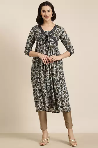 women's calf length v-neck navy blue floral anarkali kurta