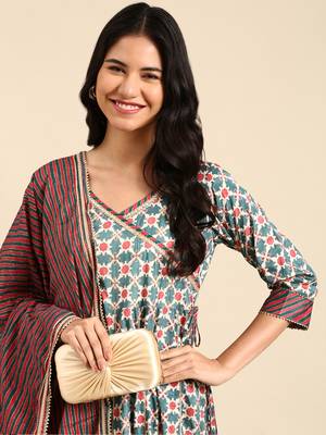 women's ankle length round neck teal geometric anarkali kurta comes with duppatta 1