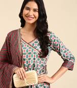 women's ankle length round neck teal geometric anarkali kurta comes with duppatta