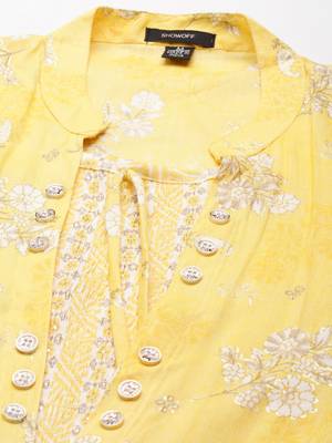 Showoff women's knee length mandarin collar yellow ethnic motifs anarkali kurta 3