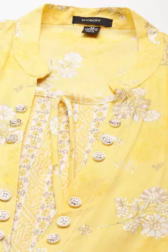 Showoff women's knee length mandarin collar yellow ethnic motifs anarkali kurta