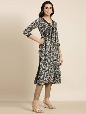women's calf length v-neck navy blue floral anarkali kurta 3