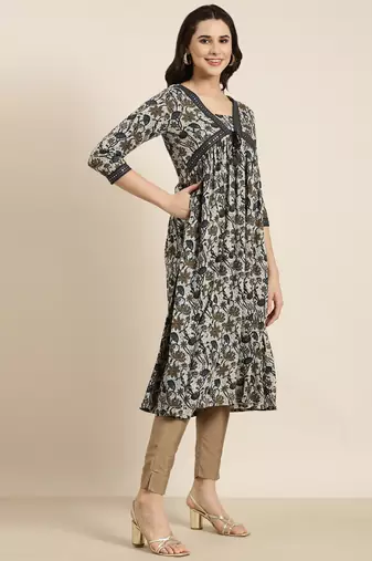 women's calf length v-neck navy blue floral anarkali kurta