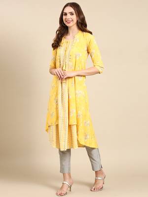 Showoff women's knee length mandarin collar yellow ethnic motifs anarkali kurta 4