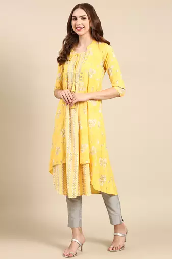 Showoff women's knee length mandarin collar yellow ethnic motifs anarkali kurta