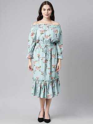 blue  red floral print off-shoulder flounce hem midi bardot dress with waist tie-ups 1