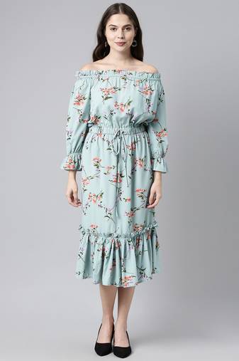 blue  red floral print off-shoulder flounce hem midi bardot dress with waist tie-ups