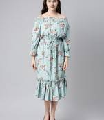 blue  red floral print off-shoulder flounce hem midi bardot dress with waist tie-ups