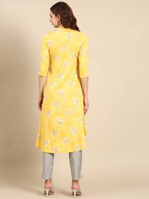 Showoff women's knee length mandarin collar yellow ethnic motifs anarkali kurta 5