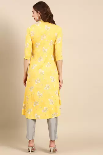 Showoff women's knee length mandarin collar yellow ethnic motifs anarkali kurta