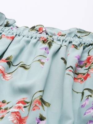 blue  red floral print off-shoulder flounce hem midi bardot dress with waist tie-ups 2
