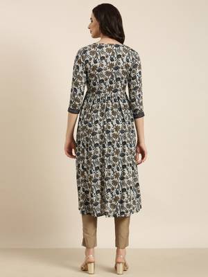 women's calf length v-neck navy blue floral anarkali kurta 4