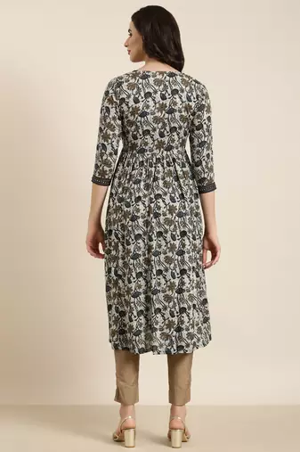 women's calf length v-neck navy blue floral anarkali kurta