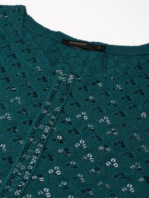 Showoff women's calf length round neck green embellished straight kurta 2