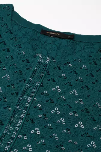 Showoff women's calf length round neck green embellished straight kurta