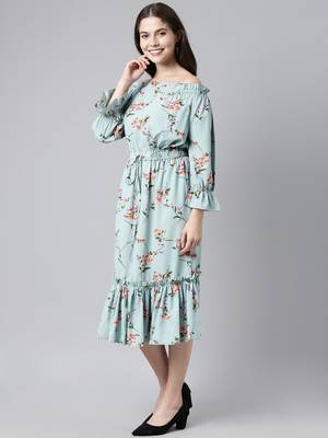blue  red floral print off-shoulder flounce hem midi bardot dress with waist tie-ups 3