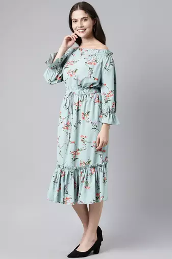 blue  red floral print off-shoulder flounce hem midi bardot dress with waist tie-ups