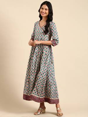 women's ankle length round neck teal geometric anarkali kurta comes with duppatta 4
