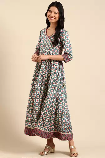 women's ankle length round neck teal geometric anarkali kurta comes with duppatta