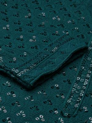 Showoff women's calf length round neck green embellished straight kurta 3