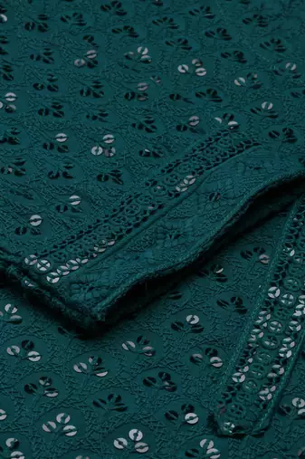Showoff women's calf length round neck green embellished straight kurta