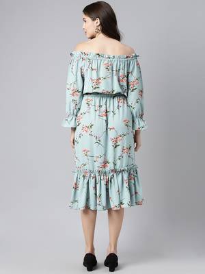 blue  red floral print off-shoulder flounce hem midi bardot dress with waist tie-ups 4