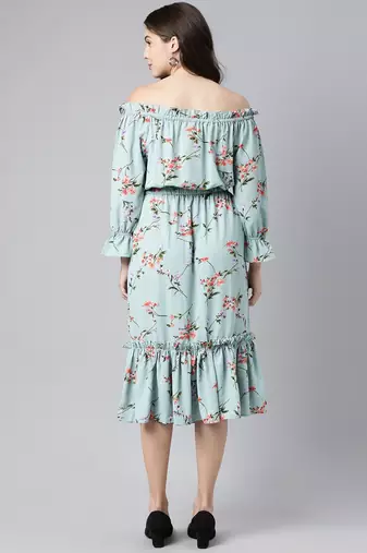 blue  red floral print off-shoulder flounce hem midi bardot dress with waist tie-ups