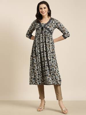 women's calf length v-neck navy blue floral anarkali kurta 5