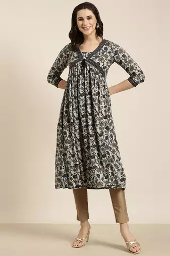 women's calf length v-neck navy blue floral anarkali kurta