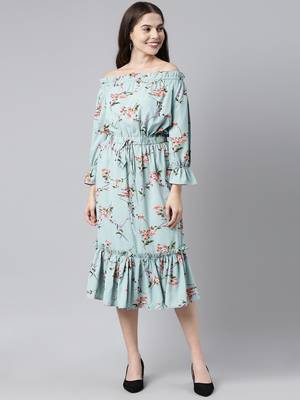 blue  red floral print off-shoulder flounce hem midi bardot dress with waist tie-ups 5