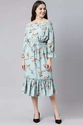 blue  red floral print off-shoulder flounce hem midi bardot dress with waist tie-ups