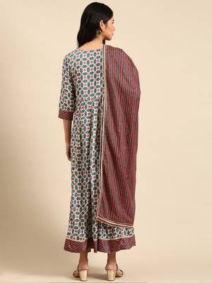 women's ankle length round neck teal geometric anarkali kurta comes with duppatta 5