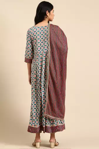 women's ankle length round neck teal geometric anarkali kurta comes with duppatta