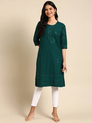 Showoff women's calf length round neck green embellished straight kurta 4