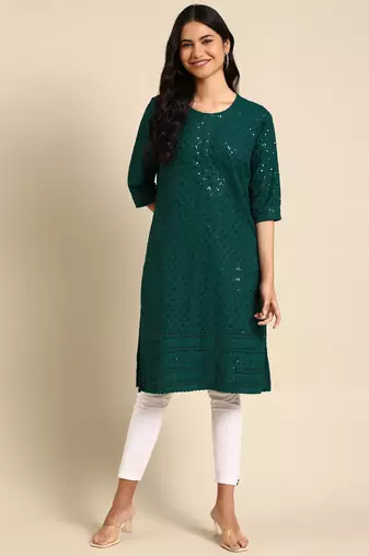 Showoff women's calf length round neck green embellished straight kurta