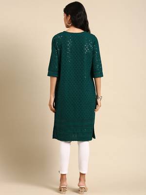 Showoff women's calf length round neck green embellished straight kurta 5