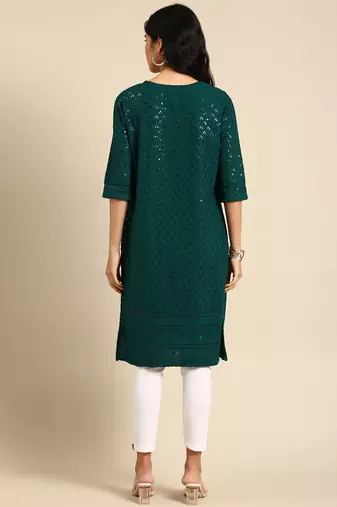 Showoff women's calf length round neck green embellished straight kurta