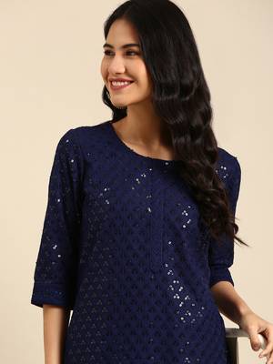 women's calf length round neck navy blue embellished straight kurta 1