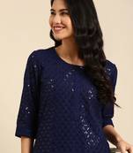 women's calf length round neck navy blue embellished straight kurta