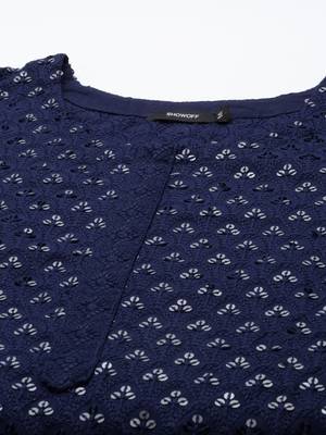 women's calf length round neck navy blue embellished straight kurta 2