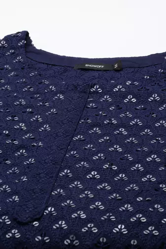 women's calf length round neck navy blue embellished straight kurta