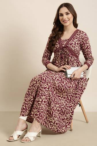 women's calf length v-neck purple floral anarkali kurta