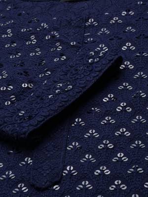 women's calf length round neck navy blue embellished straight kurta 3