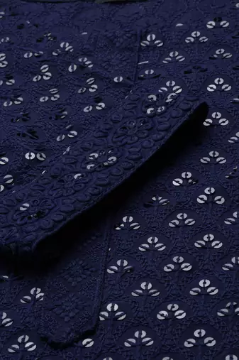 women's calf length round neck navy blue embellished straight kurta