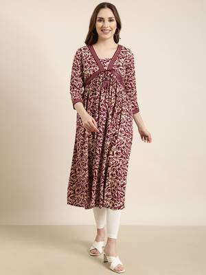 women's calf length v-neck purple floral anarkali kurta 2