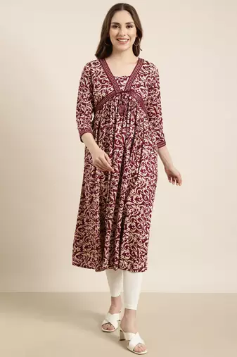 women's calf length v-neck purple floral anarkali kurta