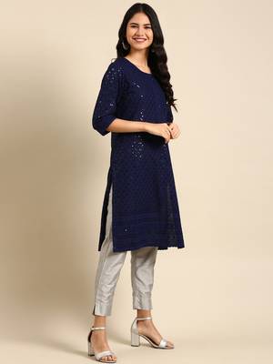 women's calf length round neck navy blue embellished straight kurta 4