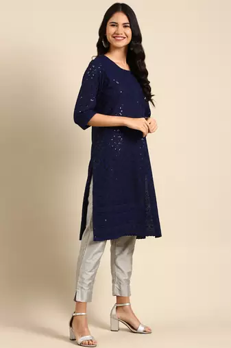 women's calf length round neck navy blue embellished straight kurta